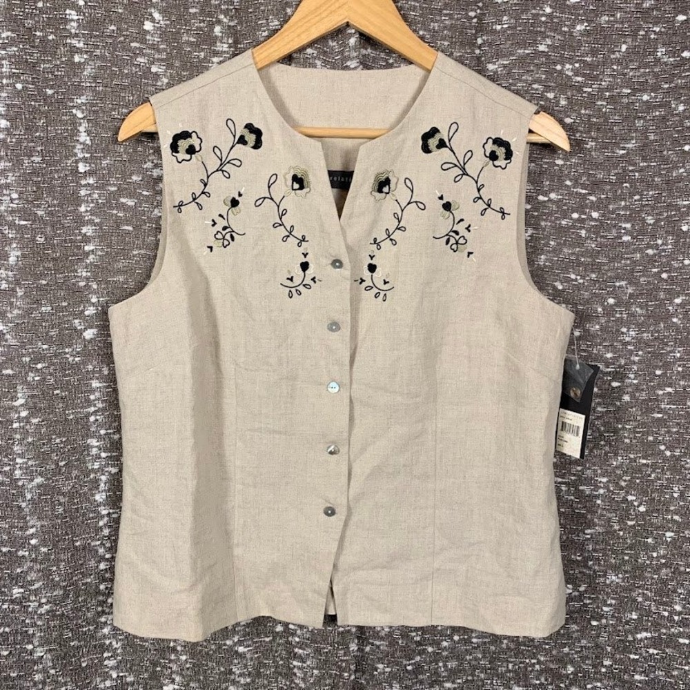 NWT Relativity Womens Large Linen Embroidered Floral Button Front Vest Beige